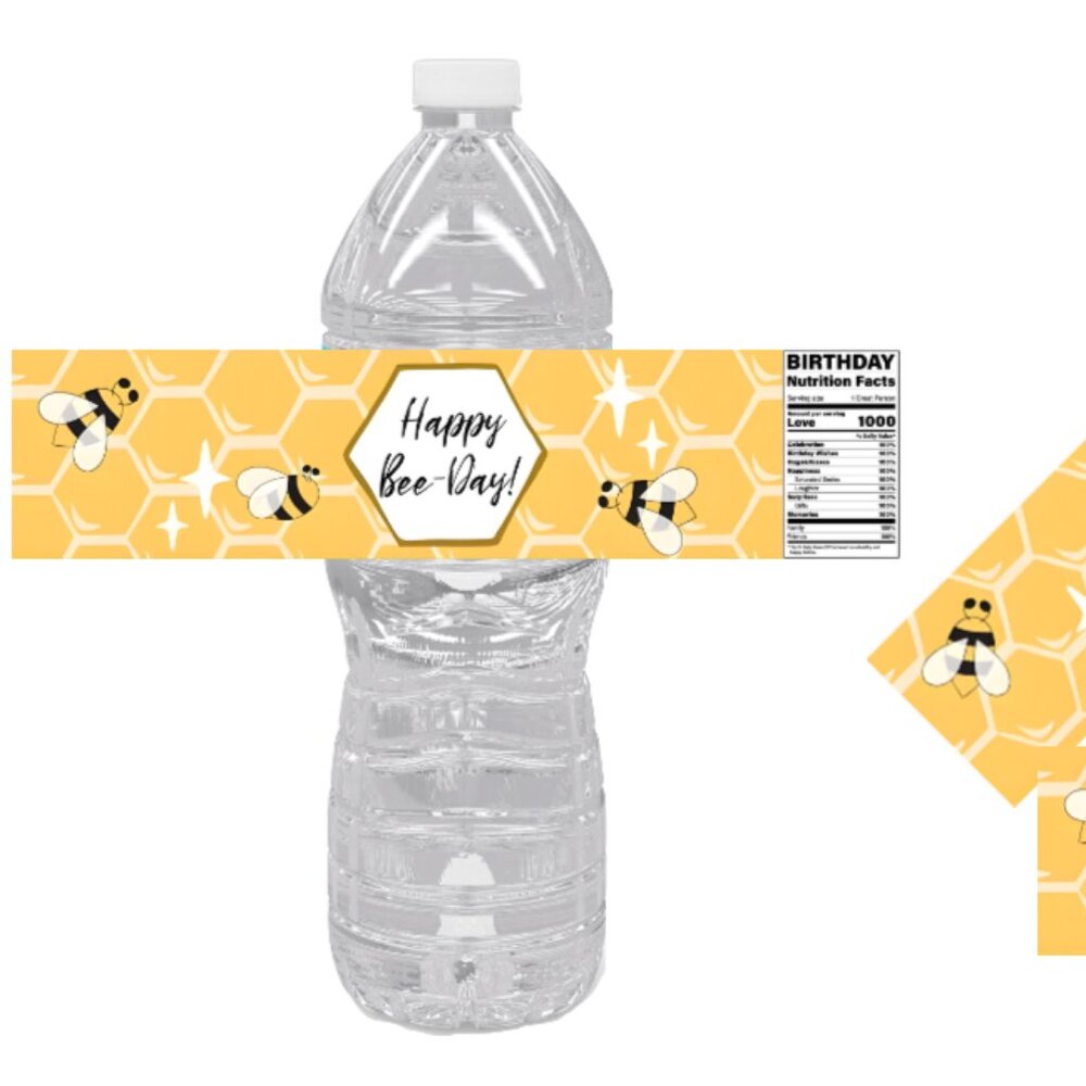 Happy- Bee Day Bottle Wraps | 12pcs Glossy Vinyl | Bee Theme Favors